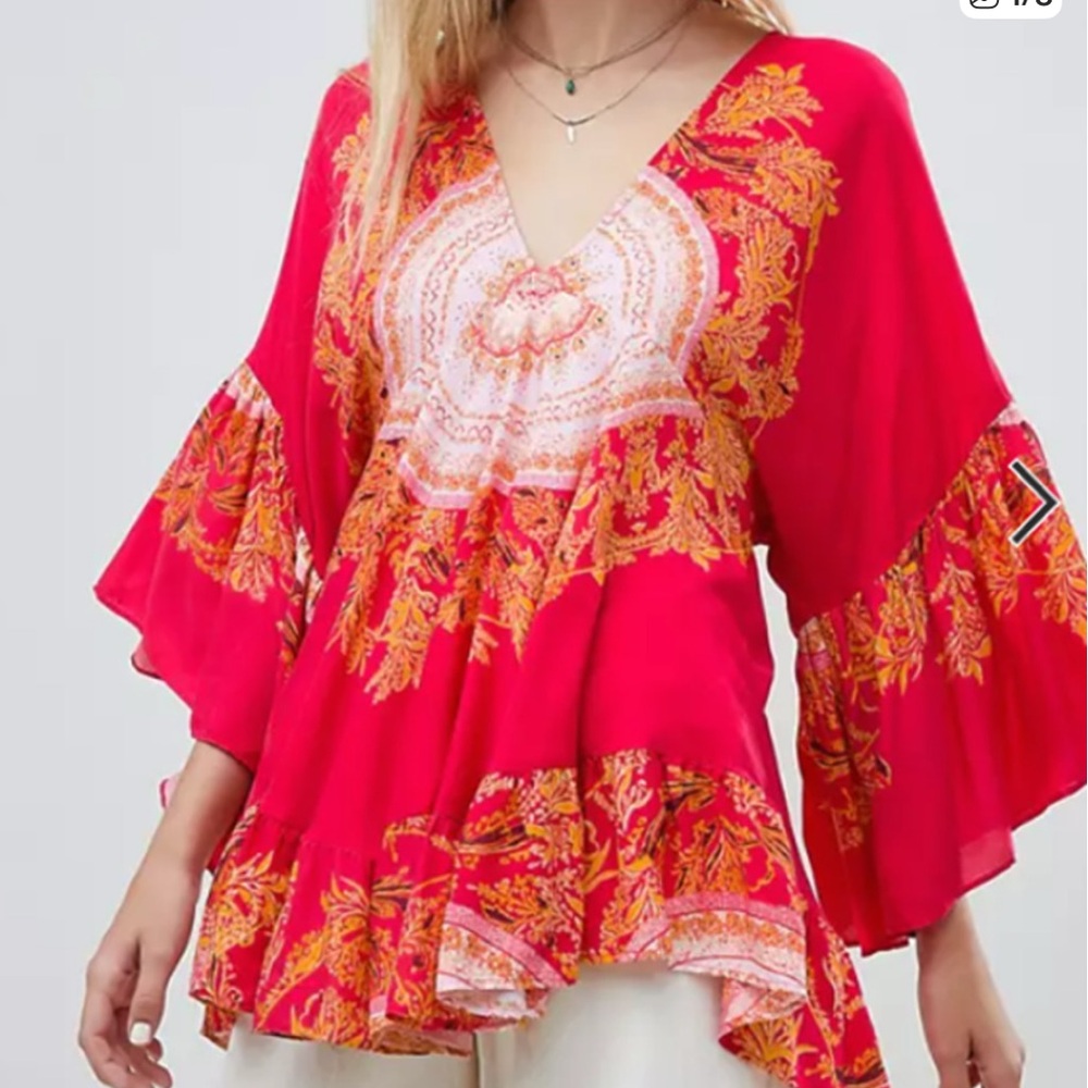 Free People Sunset Dreams Printed Bell-Sleeve Tunic Womens size XS Bohemian